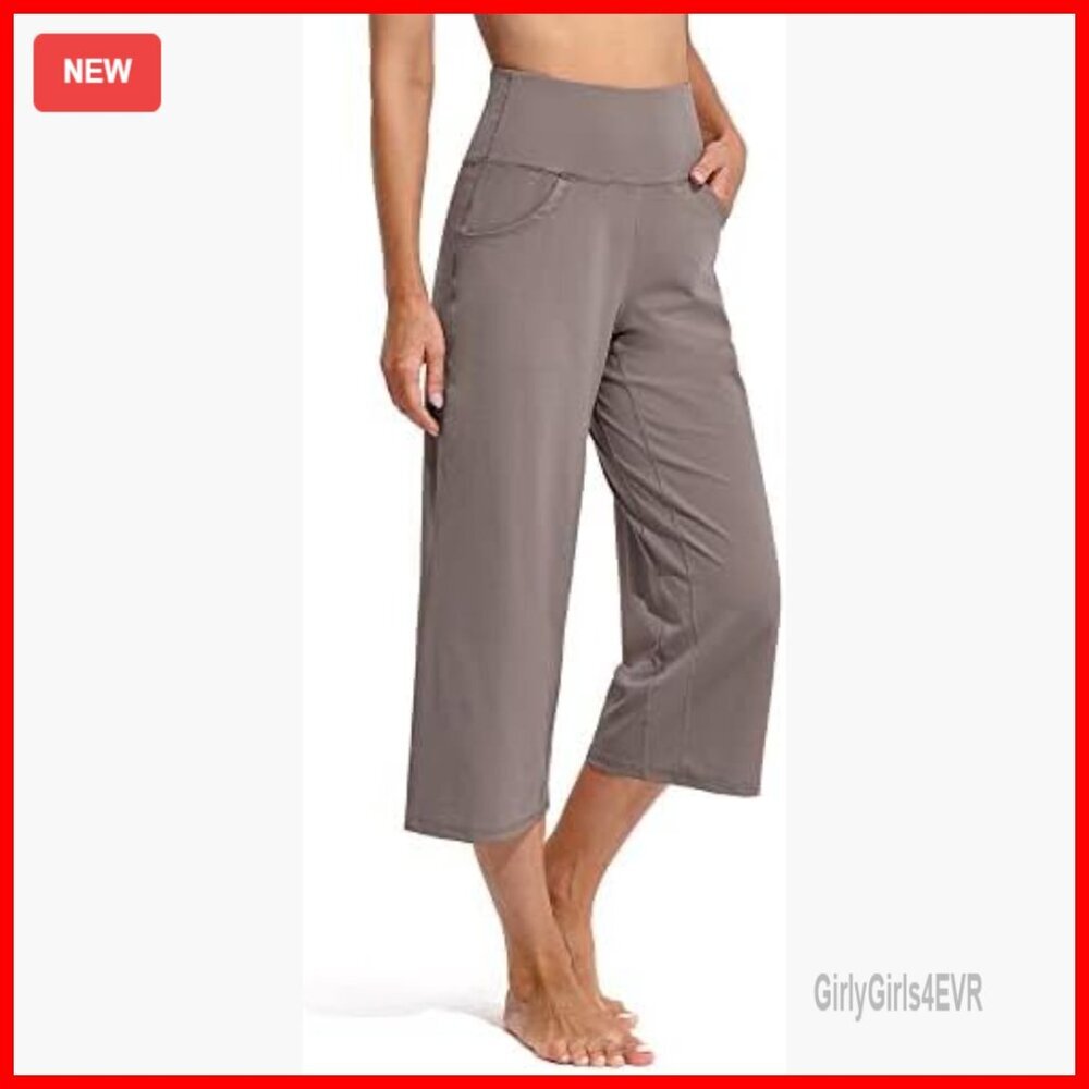 Wide Leg Yoga Capri Pants with Pockets, High Waist, Cropped, Casual
